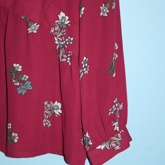 LOFT Outlet Small Women's V-Neck Button Sleeve Maroon Floral Top - Picture 6 of 16